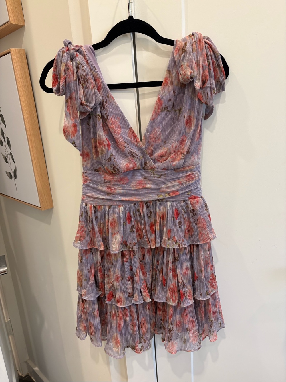 Lavender Floral Tiered V-Neck Mini Dress